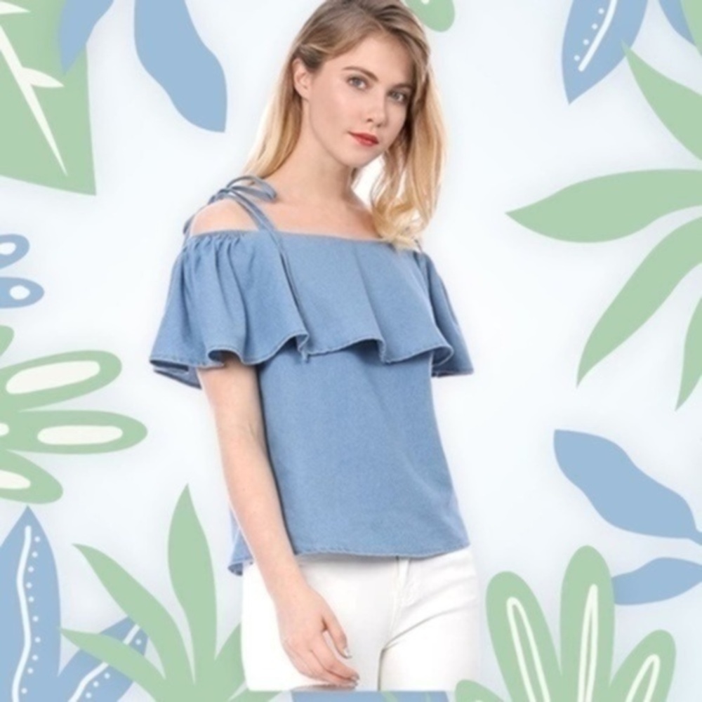 ALLEGRA Chambray Denim Ruffle Off The Shoulder Self-Tie Spaghetti Strap Top